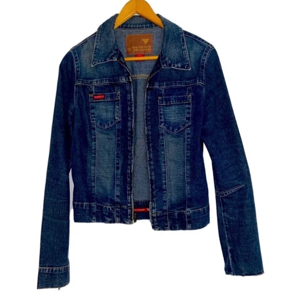 GUESS Vintage Small Jean jacket zipper front sleeve Blue 90s retro denim coat